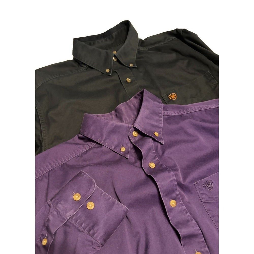 LOT OF 2 ARIAT Men's L 100% Cotton L/S Shirts (Black & Orange | Purple) Faded